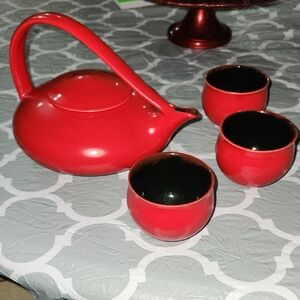 Judith Weber Vintage Red Ceramic Teapot with Matching Cups Set Of 3 With Tea Pot